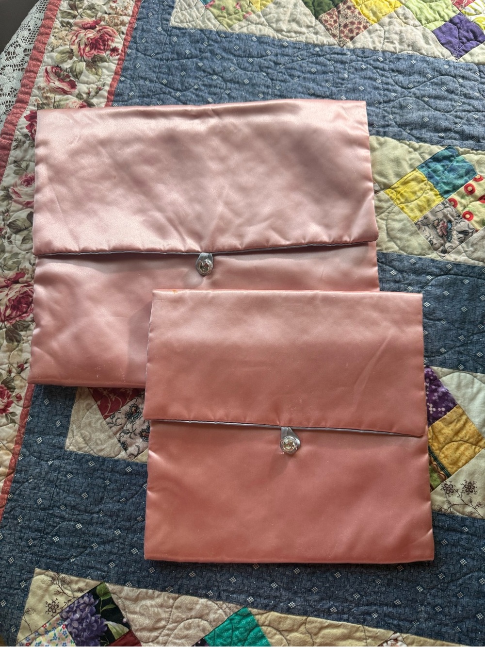 Vintage Pink Satin Lingerie Bags Set of 2 Blue Lined Travel Organizers